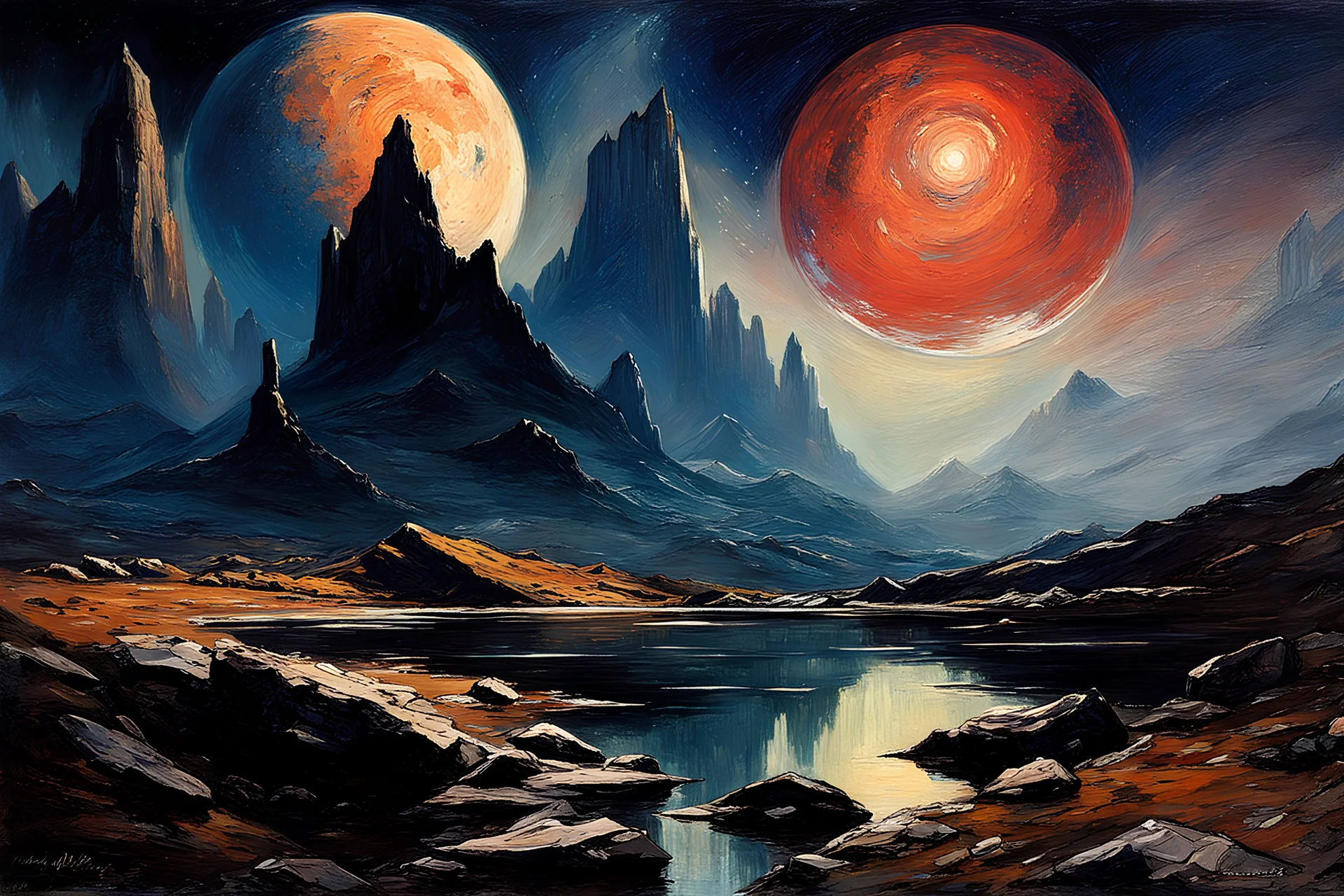 night, rocks, cosmic fantasy influence, enigmatic, mountains, infinite, 90's sci-fi movies influence, wilfrid de glehn and jenny montigny and rodolphe wytsman impressionism paintings