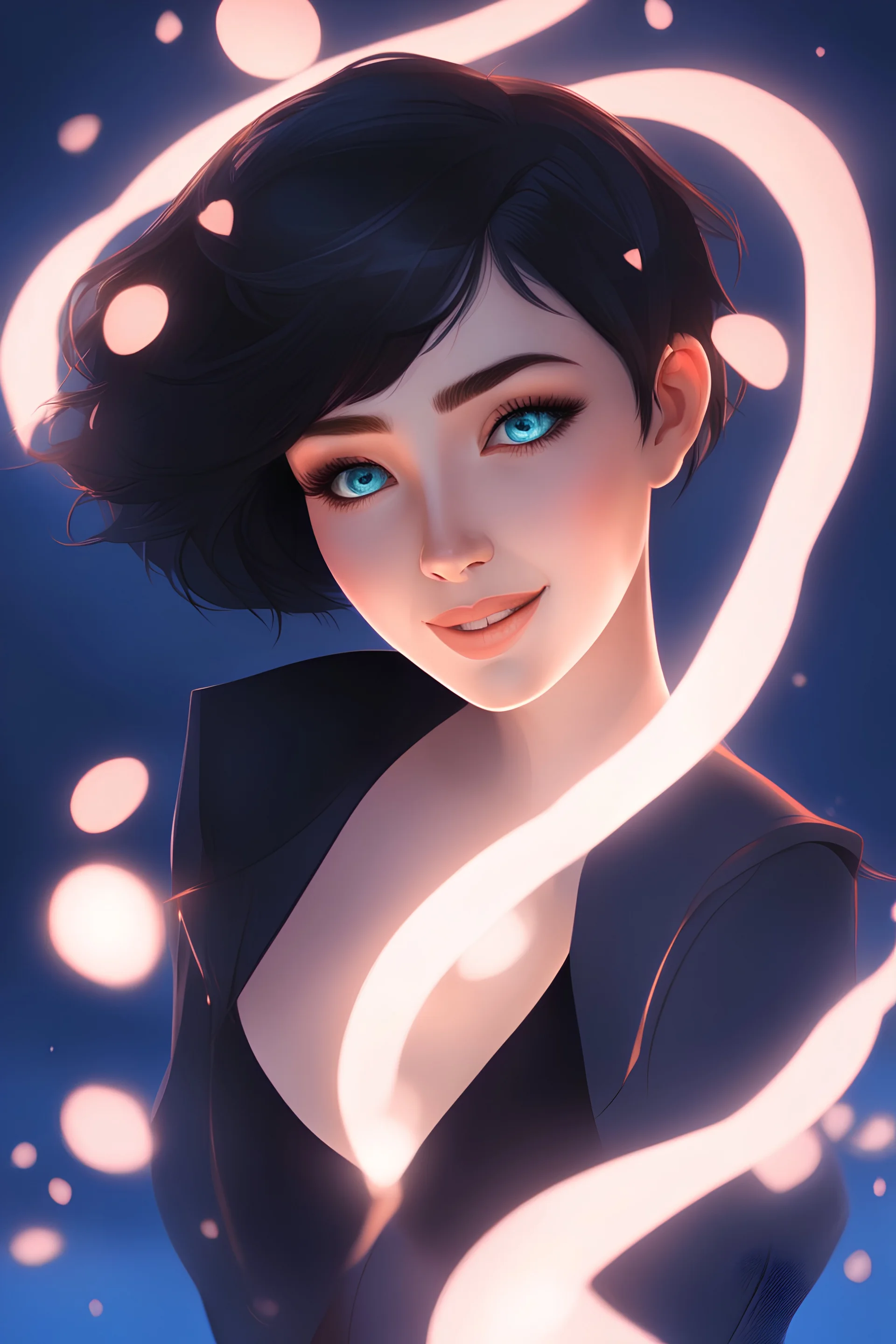 3D Bubbles, Floating hearts with an electrical current, fog, clouds, somber, ghostly mountain peaks, a flowing river of volcanic Lava, fireflies, a close-up, facial portrait of a totally gorgeous woman with short, buzz-cut, pixie-cut Black hair tapered on the sides, wide open, cobalt blue eyes, smiling a big bright happy smile, wearing a hoodie over a red bikini, in the art style of Boris Vallejo