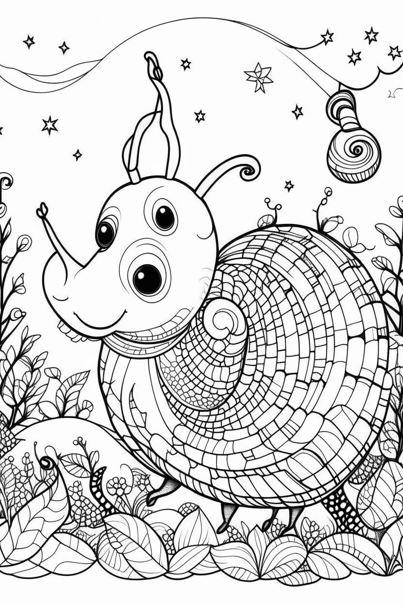 HAPPY NEW YEAR coloring page for kids, A cute snail carrying a lantern through a starlit forest, thick outline, low details, no shading, no color