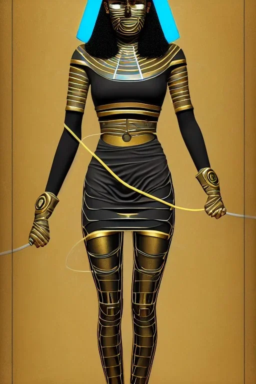 Realistic photograph. Geometric 3D tiling on the background, Egyptian woman, Whip. Bronze color, Yellow, Black Cyan. Cyber-punk full-mask. Big old AKG headphones, golden rings & disc. Selfie both hands. Asian, lightly armored, electronic circuits. Thick tights, thick calves, bend fell, wide hip, flat belly. Ancient artifact attached. Perfect body. Matrix movie clothes, Silver leather area, tippet, latex. Wicked sneakers. Daft Punk, Tron Movie. Haute Couture. 1990's. Ancient telephon