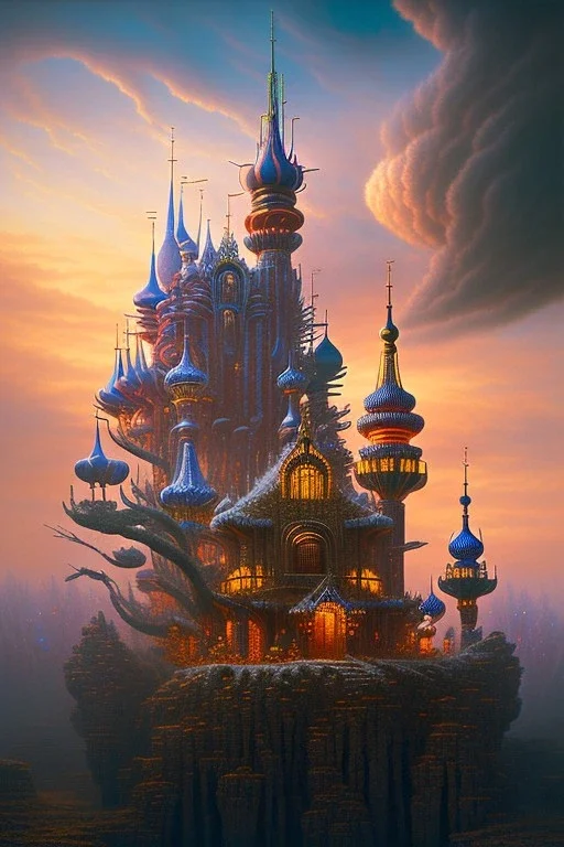 Gingerbread house, H. R. Giger Tishk Barzanji Michiel Schrijver Zdzisław Beksiński Beautiful synthwave city painting, digital illustration, extreme detail, digital art, 4k, Ultra HD