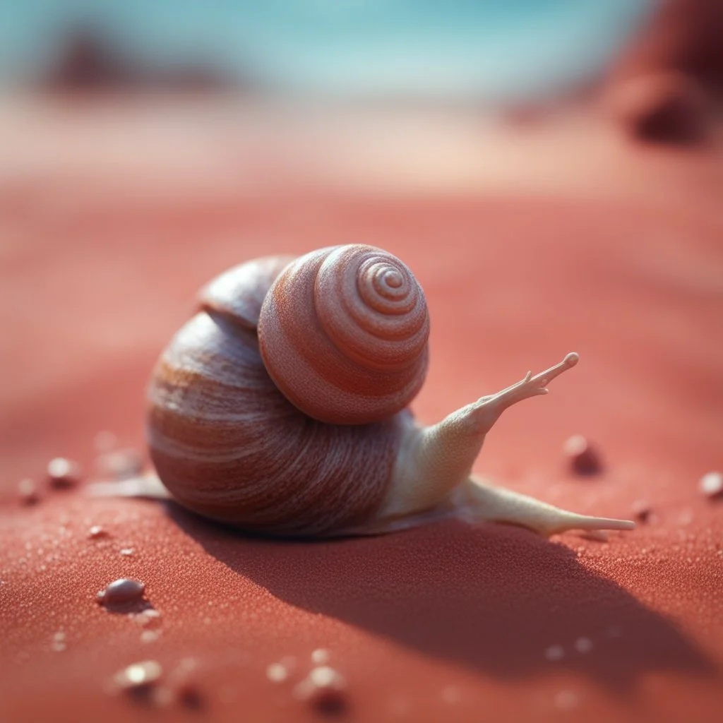 elongated gremlin female snail witch on a red sand beach ,bokeh like f/0.8, tilt-shift lens 8k, high detail, smooth render, down-light, unreal engine