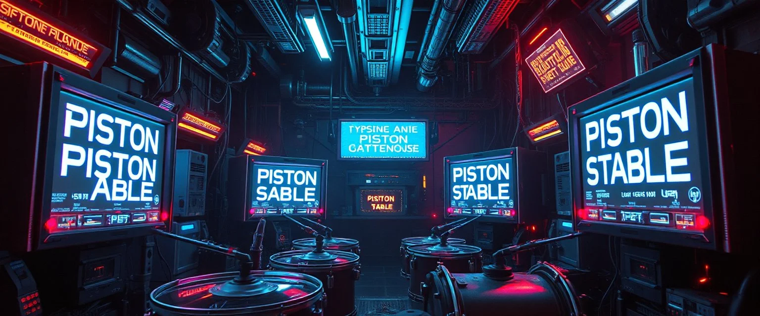 cyberpunk imagery synchronized mechanical drumming flickering CRT screens saying "PISTON STABLE"