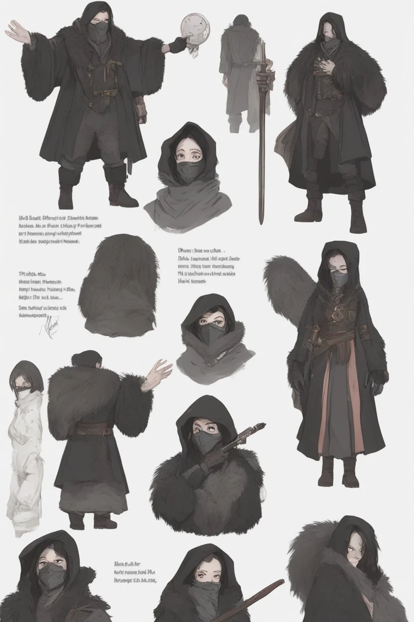 A dnd character sheet. A woman dressed for the cold north dressed in dark furs, with black hair. Death cleric wearing a mask, female woman girl