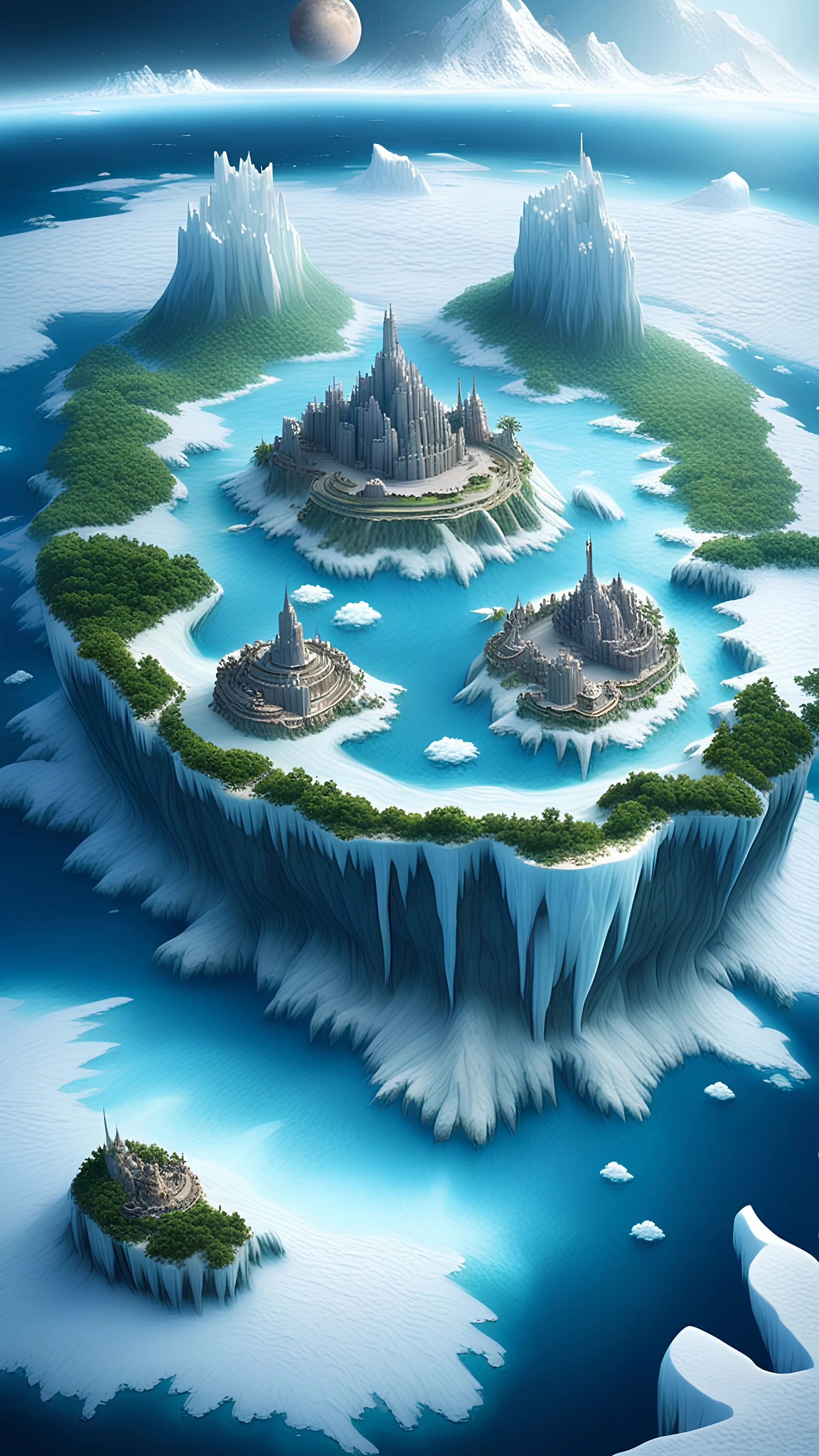 Tropical islands in the ocean. Surrounded by ice. Each island has a fortress. All this on another planet where civilization was destroyed by cold.