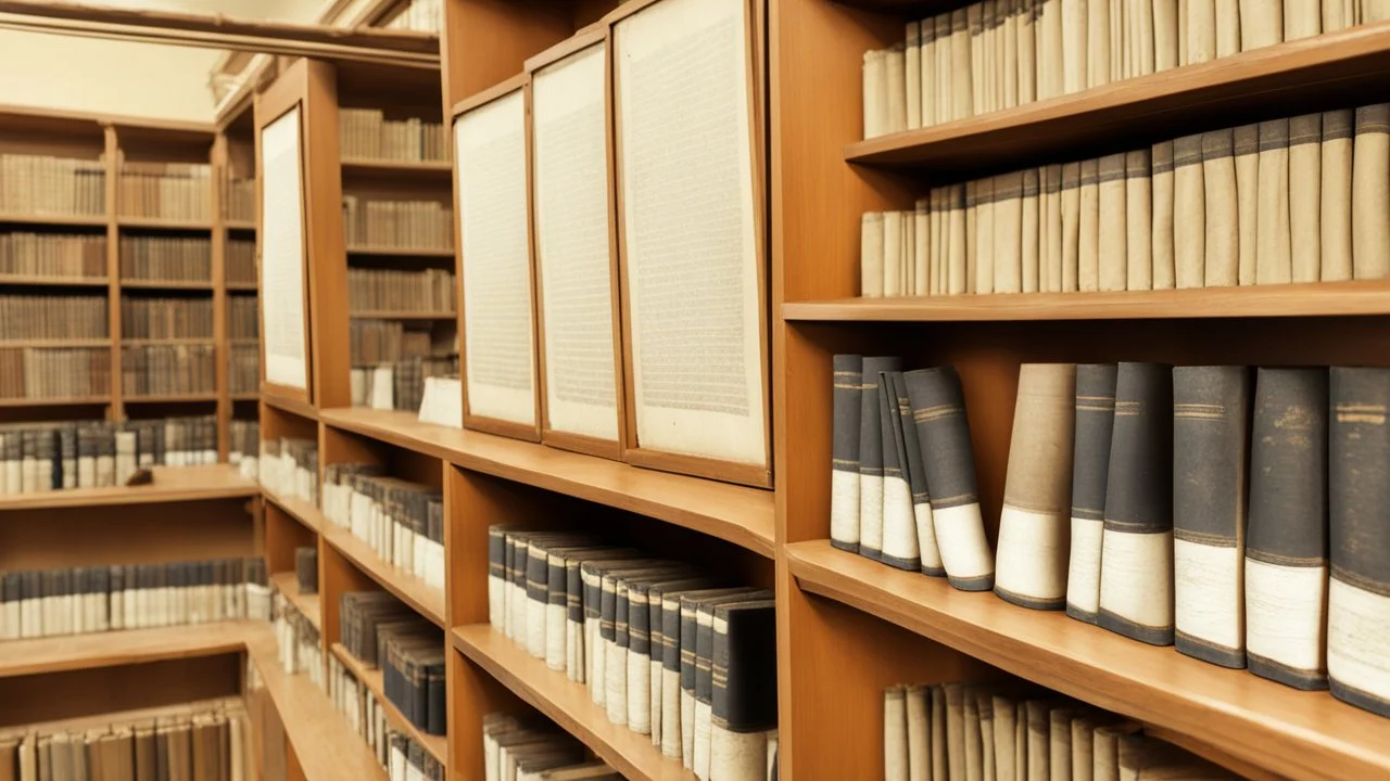 ancient scrolls on shelves in small library