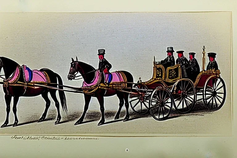 Fiacre, landauer carriage with two horses in Vienna. Pencil sketch. Old paper. Colours