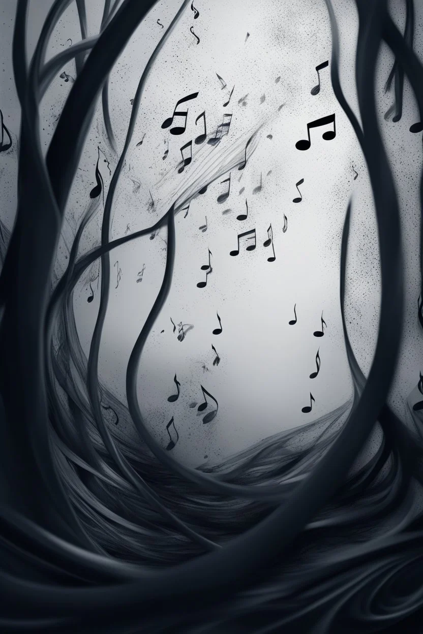 A realistic drawing in negative space black ink on white background of a musical notes and twisted notes 3D with abstract brushstrokes to enhance sheets music pages max enrist