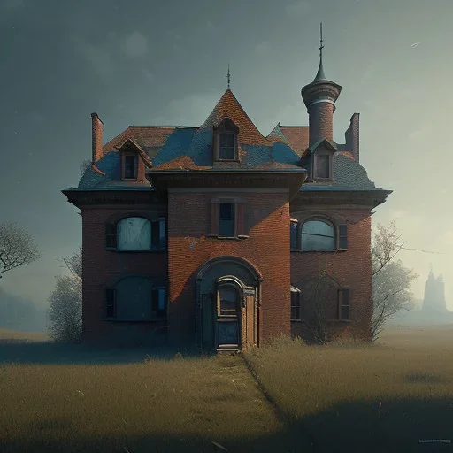 Abandoned house, brick walls, highly detailed, hill in the background, two windows on the front wall, with roof, concept art by Greg Rutkowski