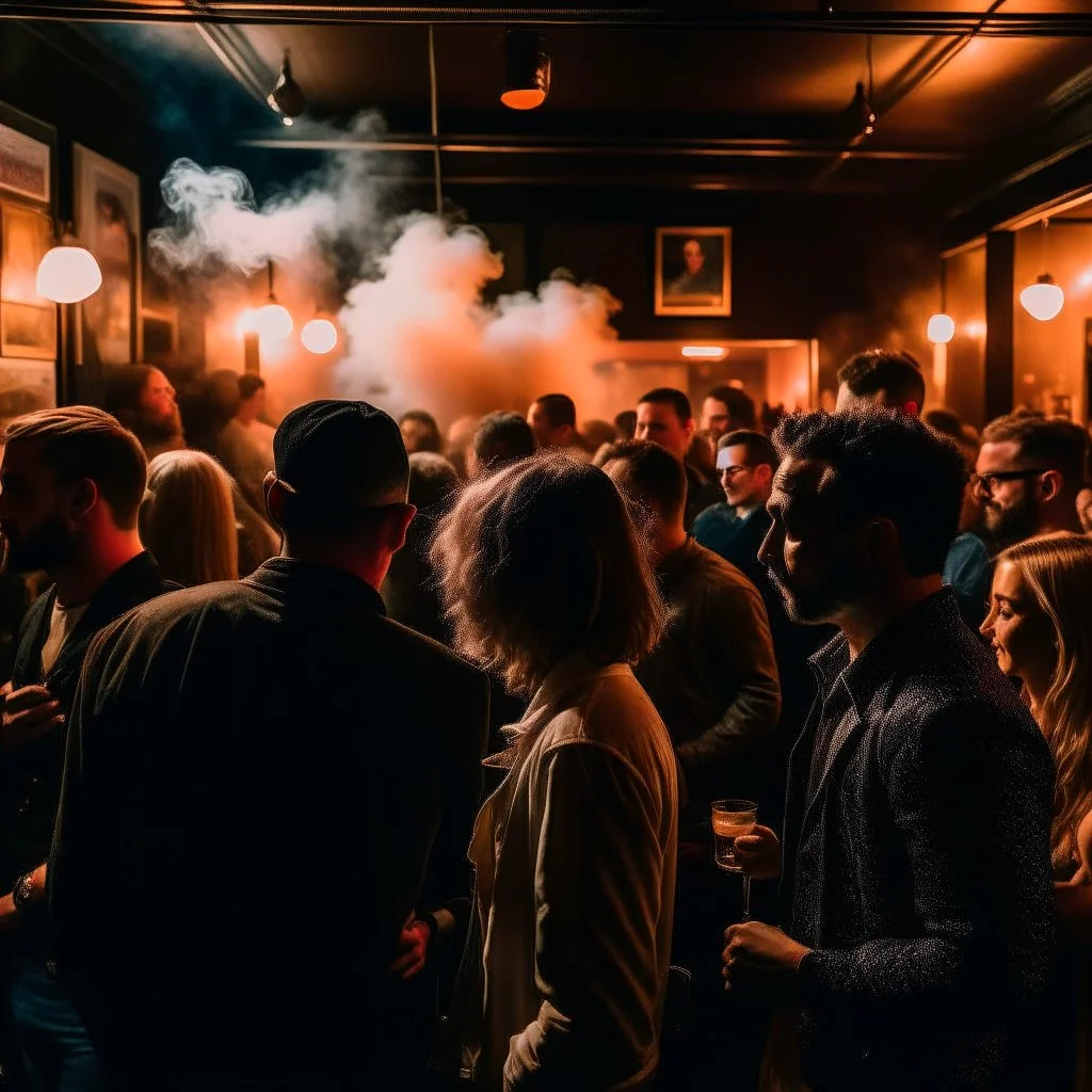 a crowded smokey bar, lots of people, focus on a lonely person against the wall