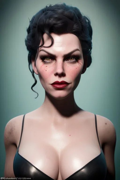 Hannah Waddingham as evil queen in black leather, busty, cleavage, voluptous, rebecca Welton, angry, stern look. character design by cory loftis, fenghua zhong, ryohei hase, ismail inceoglu and ruan jia. unreal engine 5, artistic lighting, highly detailed, photorealistic, fantasy