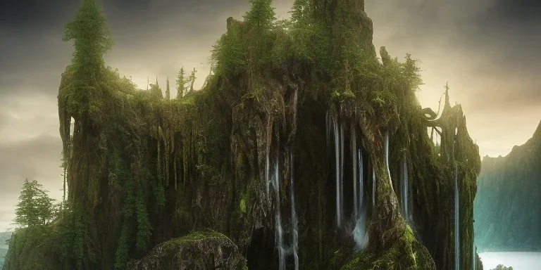 statue poseidon abandoned of stone inner between moutain, long exposure photography, swamp, water, glass, fog, highly realistic, highly detailed, intricate, 8k