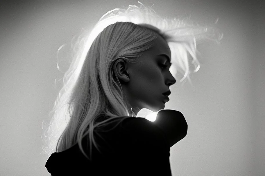 Mujer rubia, retrato primer plano de espaldas, iluminada desde atrás, al estilo de la foto del fotógrafo Hugo Alonso. Imagen en blanco y negro vaporoso