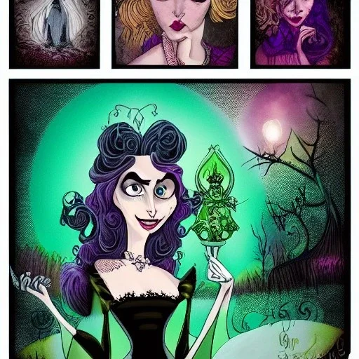 extrem tim burton style and disney style of an old and extrem malicious stepmother, sharp focus, sneaky eyes, old face