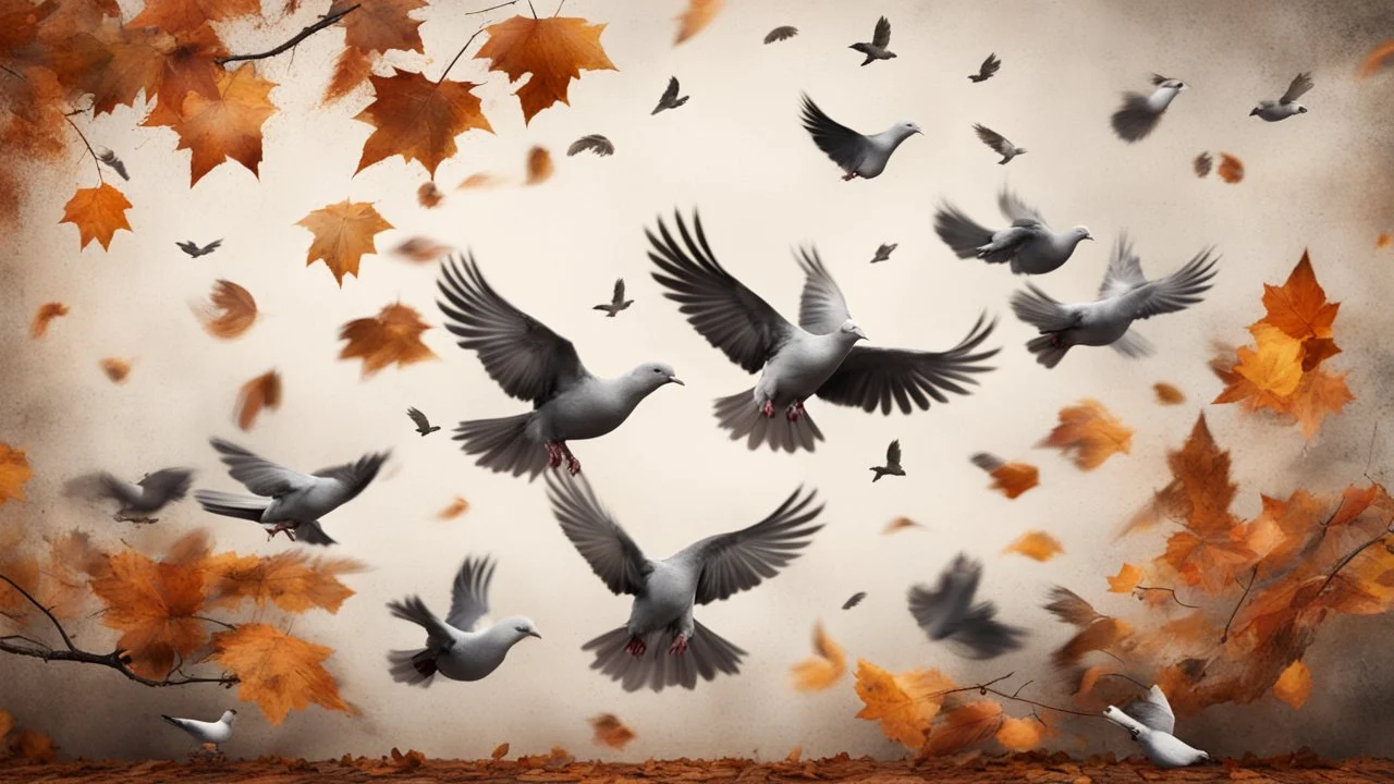 Hyper Realistic Dry Autumn Leaves blowing & pigeons flying on a vintage rustic background