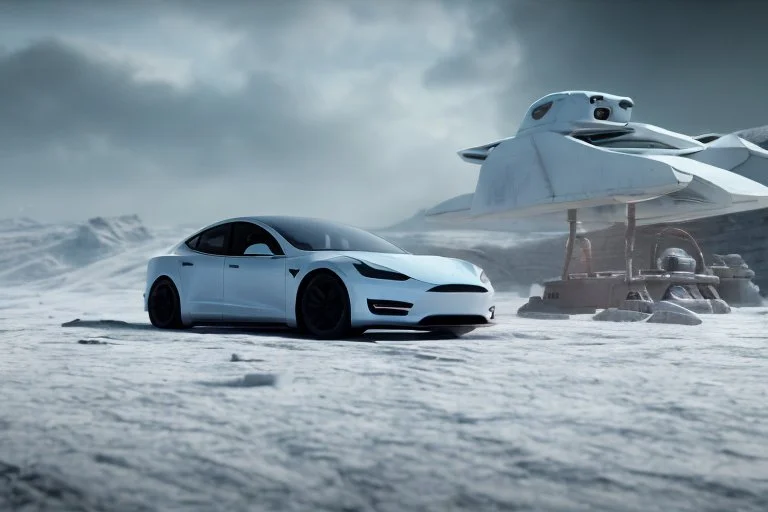 A Tesla 'Model S' is racing at top speed, on the planet 'Hoth'. CINEMATIC. WIDE ANGLE LENS. PHOTO REAL.