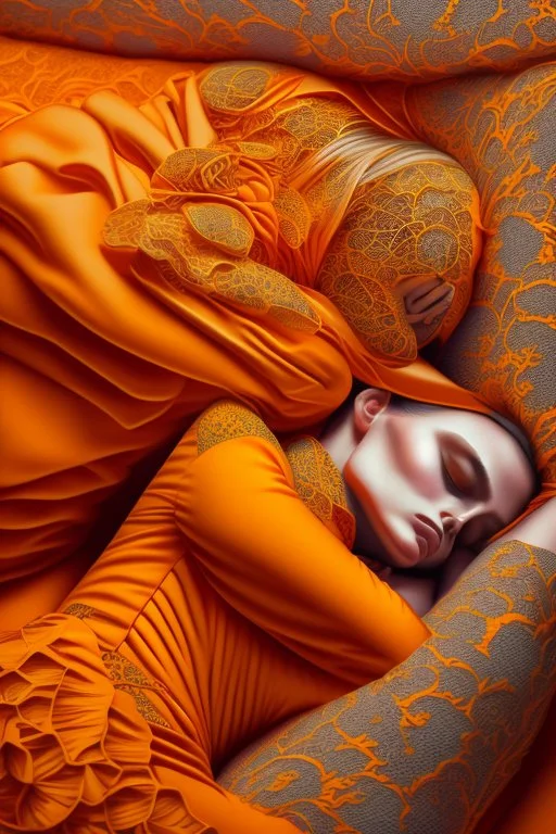 sleeping woman, orange and yellow tones, insanely detailed and intricate, hypermaximalist, elegant, ornate, hyper realistic, super detailed, by Pyke Koch