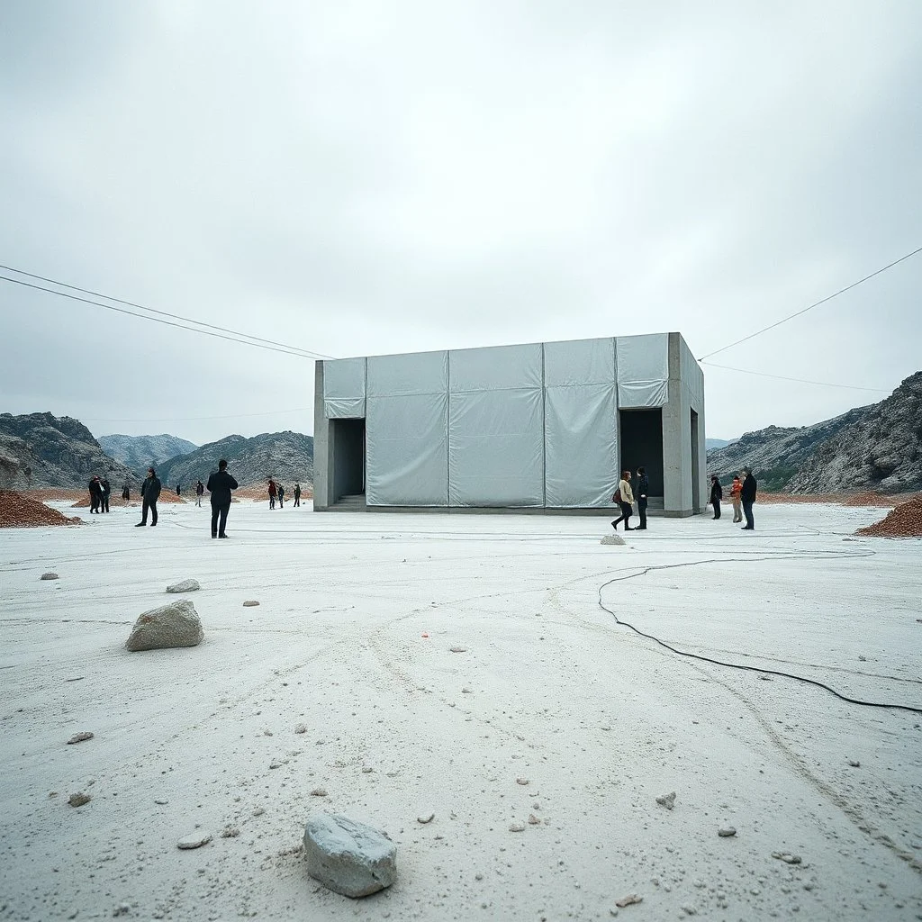 Photograph, wasteland, bright reflective aluminum cover, Truman show, brutalist concrete architecture, people are observing, all'aria aperta, rocce, grey sky, winter, liquid, polvere, red spot, open air museum style, wires, apparecchi elettronici, powder, minimalist, details of the dust very accentuated, deep 3d field