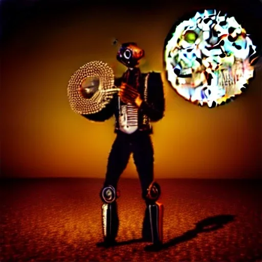 cyborg one man band, instruments, full moon background center large, steampunk style, 3d, hd