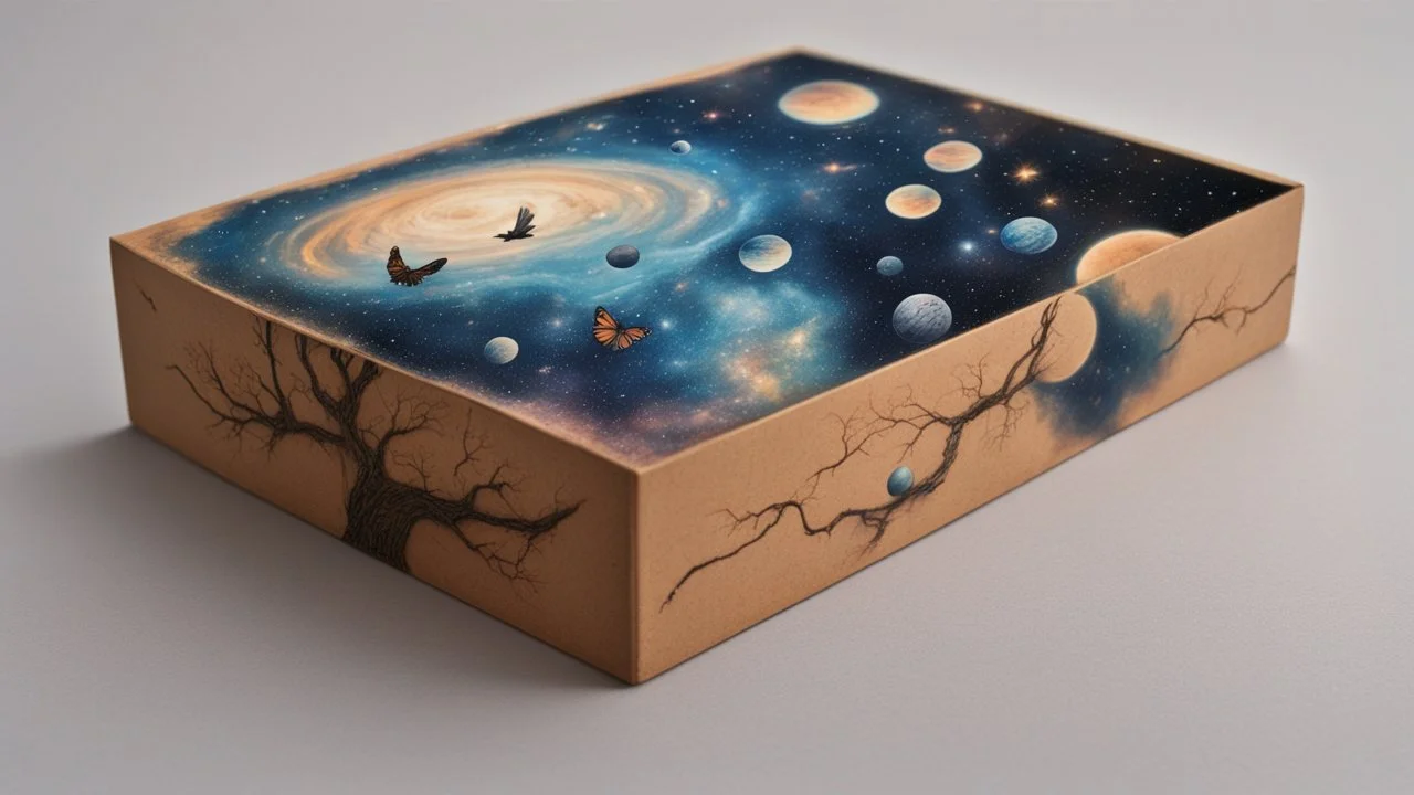 a box 10 cm long by 5 cm wide and 25 cm high, drawn on a box on all sides, space, tress, planets, butterfly nebula, crow, realistic