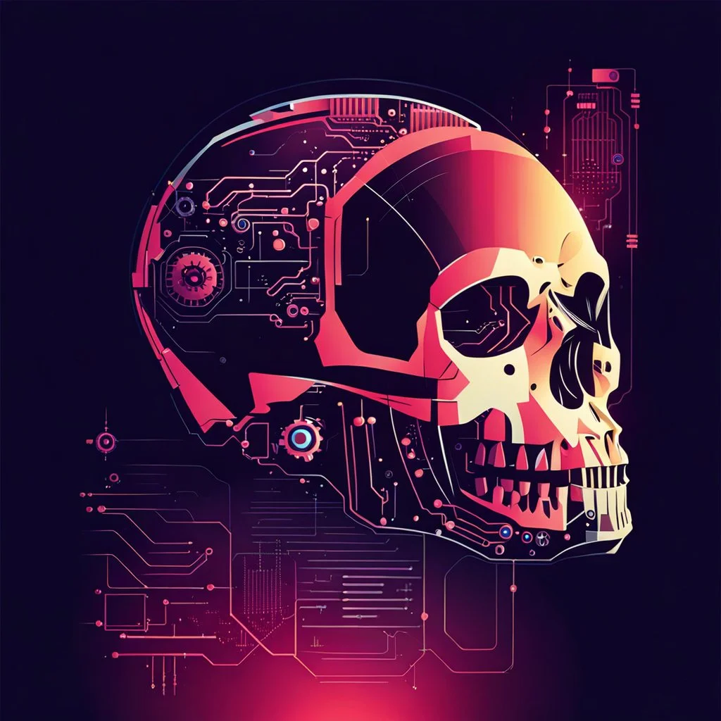 FLAT VECTOR LAYERED IMAGE OF CYBERNETIC SKULL PARTS IN A SCHEMATIC