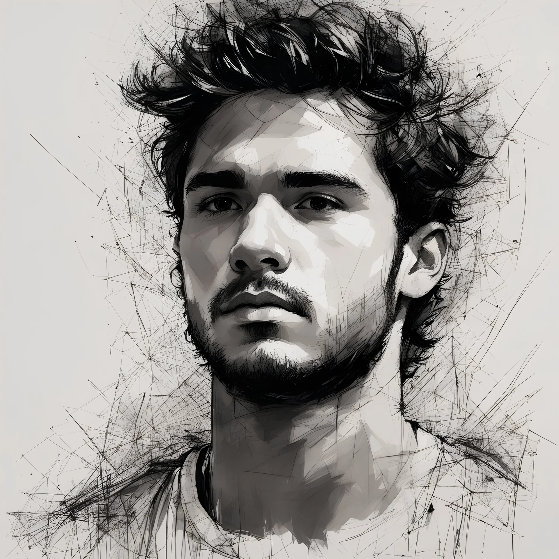 mixpnk style, scribbly scribbles pen and ink small line pencil sketch of head and shoulders of young man, intricate details and precisely drawn in style of jeremy mann