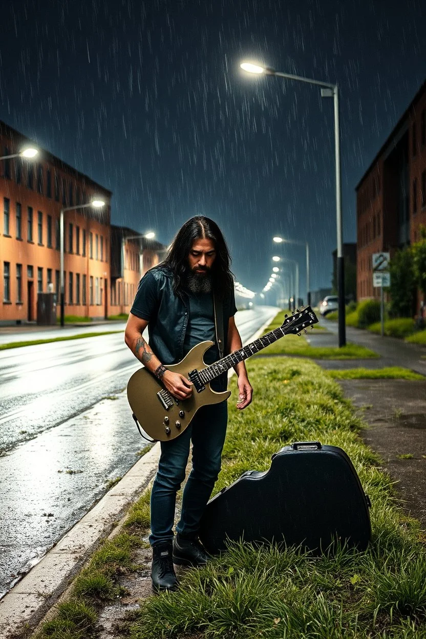 a very disappointed member with guitar case, dark long hair and beard of a death hard rock band who has been kicked out of a rehearsal space in Sweden, old factories style with bricks, deserted place overgrown plants and grass, he stands outside in the rain and cries, street lamps shining, raindrops, wind, empty roads and cycle paths next to it, really bad weather