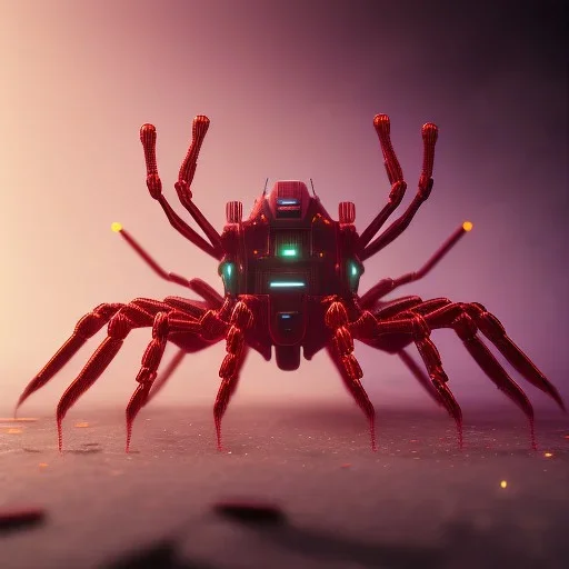 cyberpunk red robot spider, ultra realistic, intricate details, ultra highly detailed, shiny, smooth, studio quality, octane render, Surrealism, Triadic colour scheme,glow-stick, ambient lighting,nightclub lighting, polaroid, 100mm, --ar 1:1 --v4