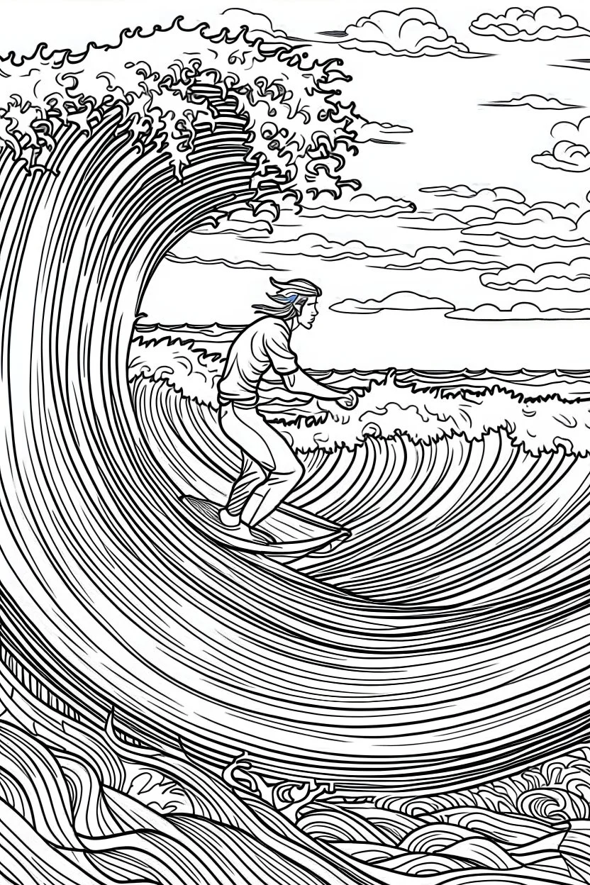 Outline art for coloring page OF A SURFER RIDING A WAVE IN HAWAI, coloring page, white background, Sketch style, only use outline, clean line art, white background, no shadows, no shading, no color, clear