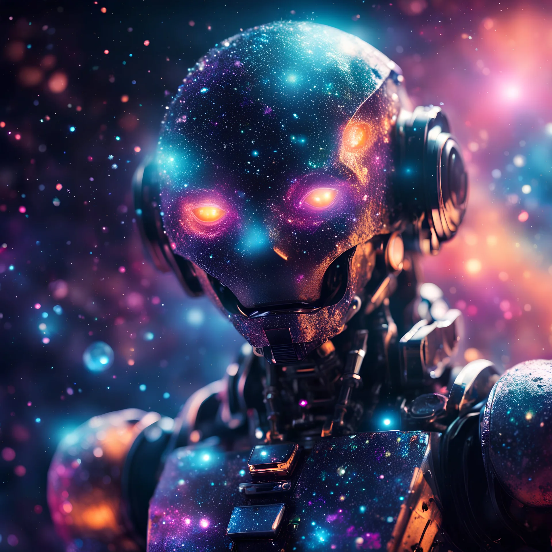 space robot covered with glowing crystals, nebula particles in air, in space, galaxy in background, bright colors, glowing sparkle particles, dark tone, sharp focus, high contrast, 8k, incredible depth, depth of field, dramatic lighting, beautifully intricate details, clean environment, epic dynamic scene