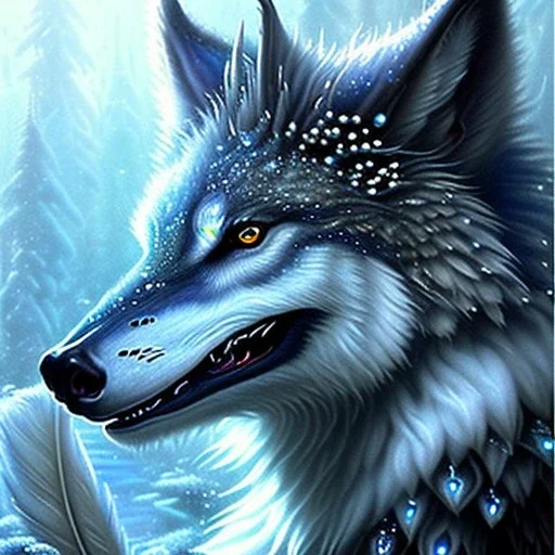 icy blue,mythical beautiful mammalian wolfed creature ,feathers , majestic, ominous, ice, scales,frost on skin, dnd character portrait, intricate, oil on canvas, masterpiece, expert, insanely detailed, 4k resolution, retroanime style, cute big circular reflective eyes, cinematic smooth, intricate detail , soft smooth lighting, soft pastel colors, painted Rena