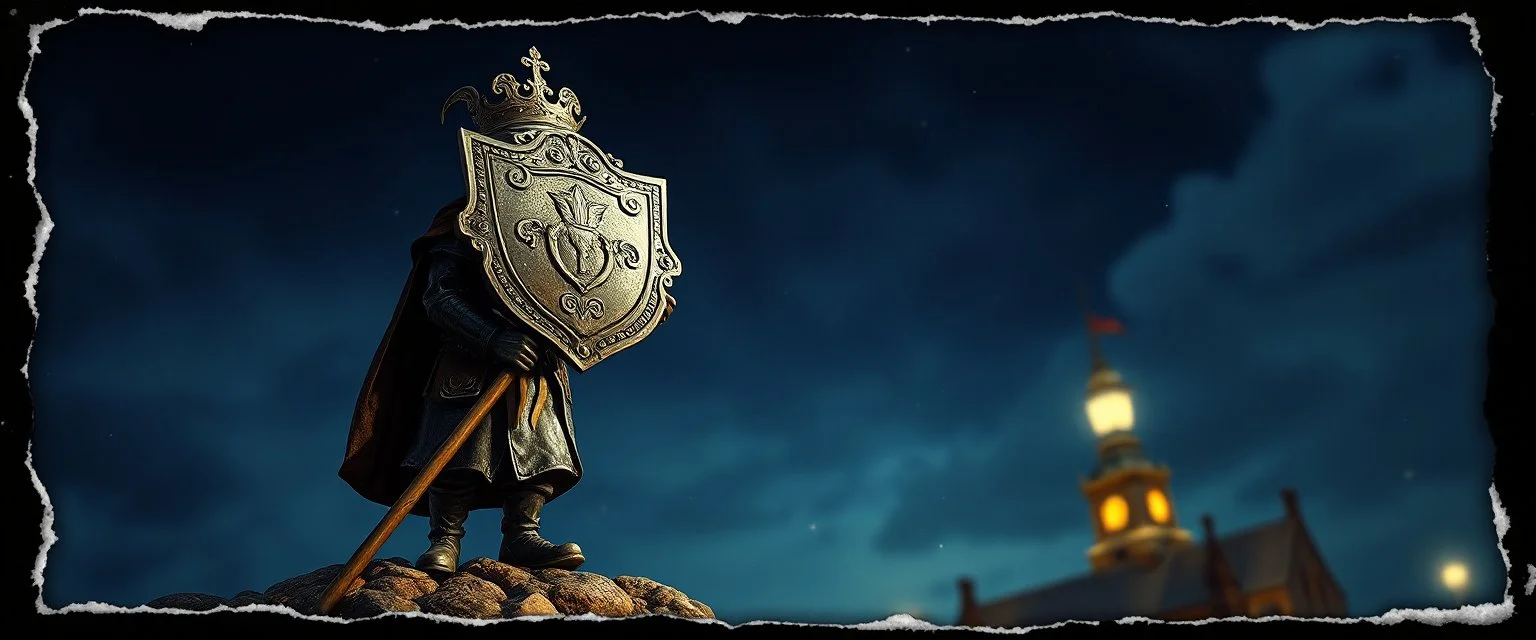 ornate shield on a stick and dwarf, pinhole cam, airbrush 3d rendering, in the style of John Atkinson Grimshaw , torn edges on border