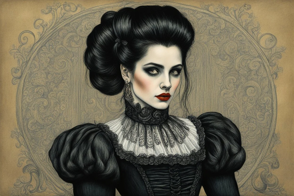 create a 3/4 profile, full body oil pastel of a dark haired, savage, ornately dressed, gothpunk vampire girl with highly detailed , sharply defined hair and facial features , in a smokey 19th century drawing room in the style of JEAN-FRANCOIS MILLET and MARY CASSATT