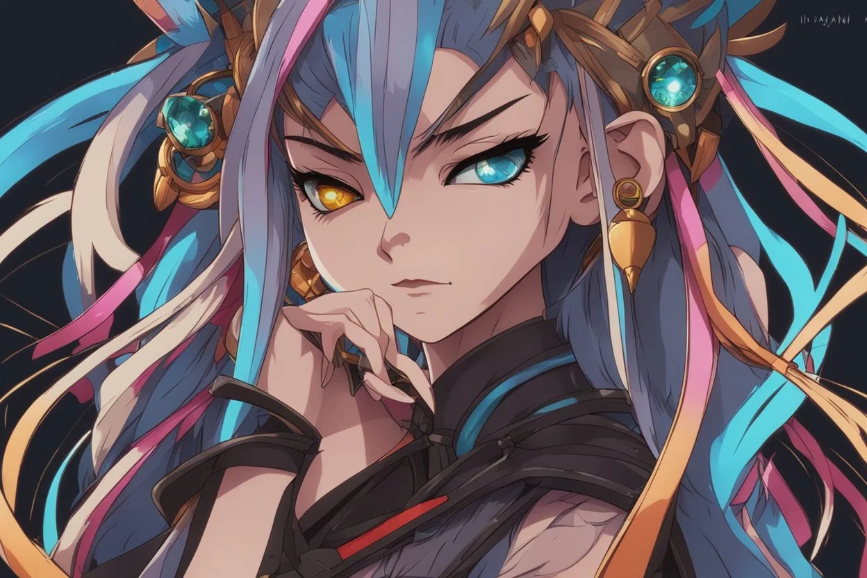 Jinx in 8k Hayao Miyazaki draw style, yu gi oh them, neon effect, close picture, highly detailed, high details, detailed portrait, masterpiece,ultra detailed, ultra quality