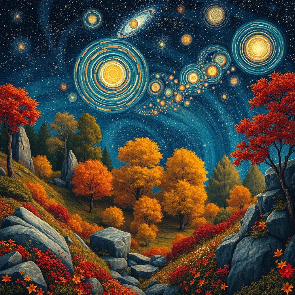 Autumn colors, peaceful, Egon Schiele, Max Ernst, night sky filled with galaxies and stars, rocks, trees, flowers, one-line drawing, sharp focus, 8k, deep 3d field, intricate, ornate, one million strokes. strong colors