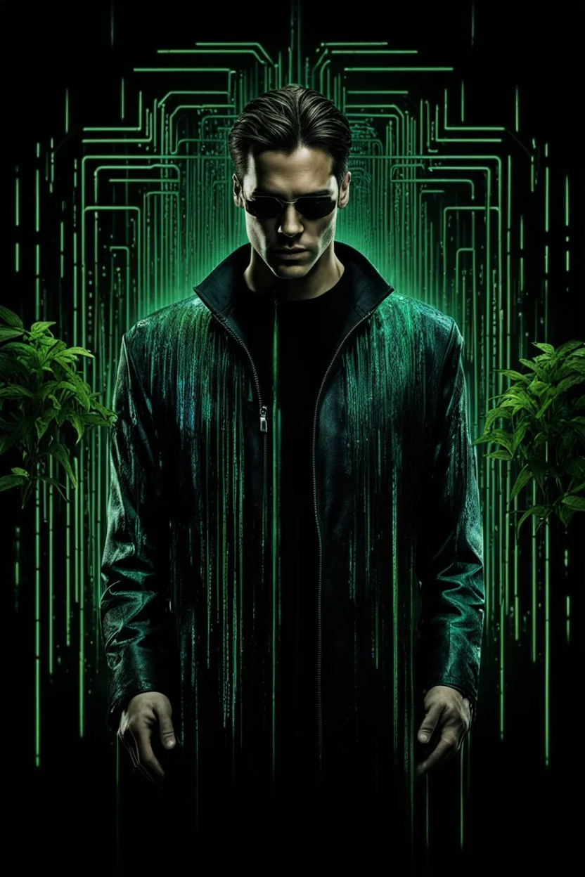 unzipped middle of the man face in the matrix space black neon blue and green, binary codes, numbers, metallic lines and shines, behind the face in the background is strange dark colors plants, ruins objects, metallic thin lines, shadows, splash art, melting, high detailed, cinematic, thriller mood, weird art style ,masterpiece, dark fantasy concept art, dynamic lighting, hyperdetailed, intricately detailed, Splash screen art, crepy stunning