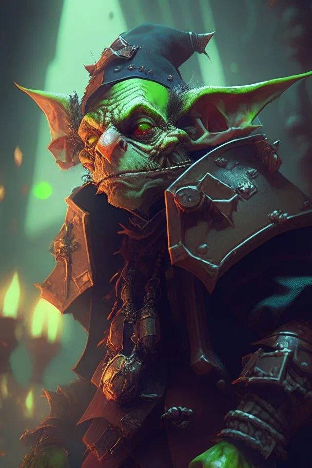 goblin judge in the style of warhammer, anime style, depth of field, nvidia graphics, lightrays, trending art, movie poster