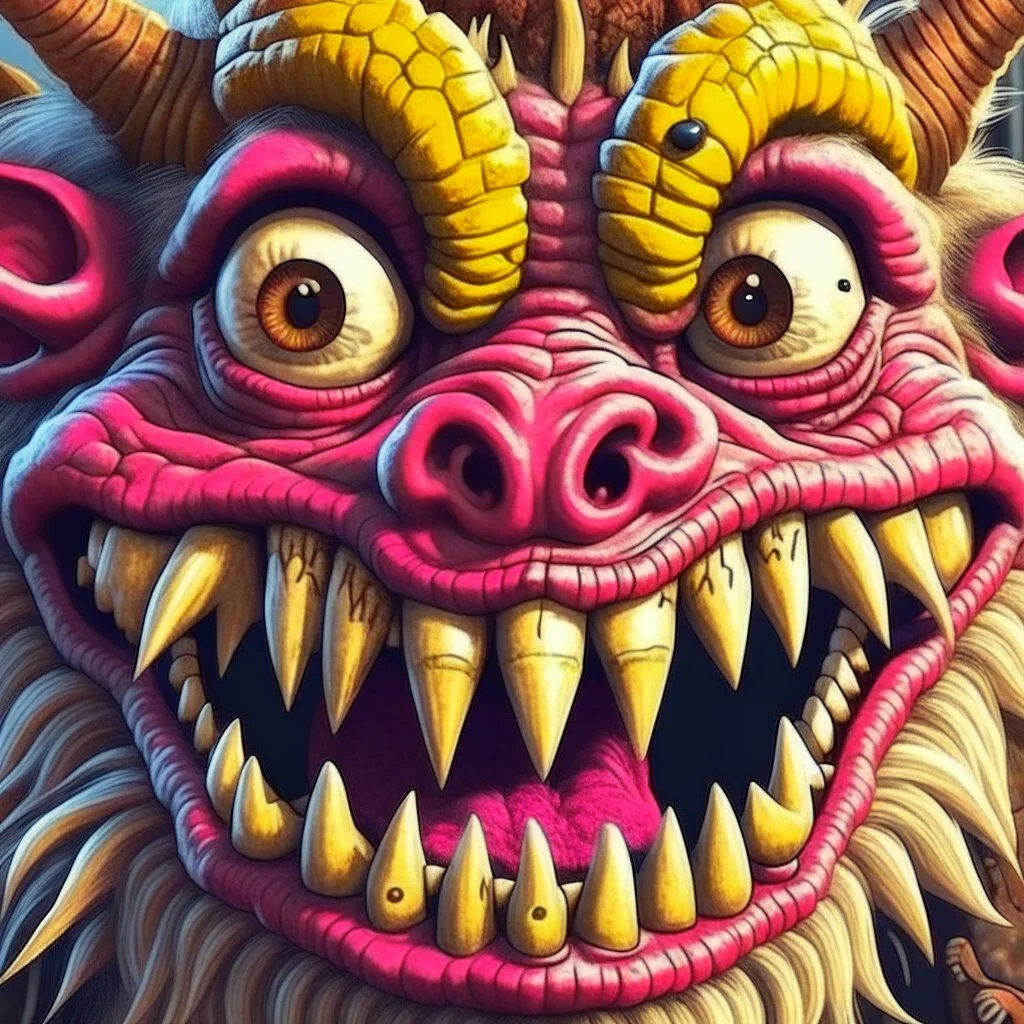 closeup of a maniacal monster's face, big teeth, tusks, fur, bumps and curled horns, my pet monster inspiration, urban character design