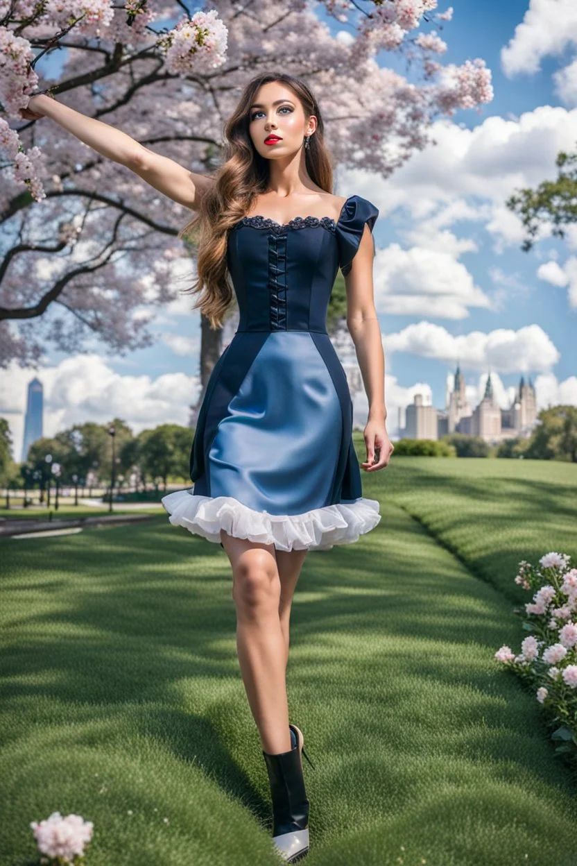 fullbody girl makeup wearing a victorian short dress walking in moder city of 2040 park ,flowers ,pretty clouds in blue sky,city escape.