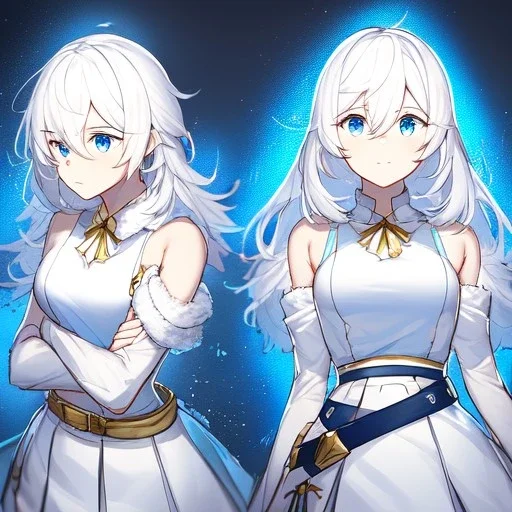 Clear focus, High resolution, rough line sketch art, short fluffy white hair, hair between eyes, fluffy hair, blue eyes, wearing a sleeveless shirt, wearing a a pleated skirt , detailed outfit, lots of details, bow on belt, white belt, white and blue everywhere on outfit, cut sleeve, yellow chains around outfit, concept art