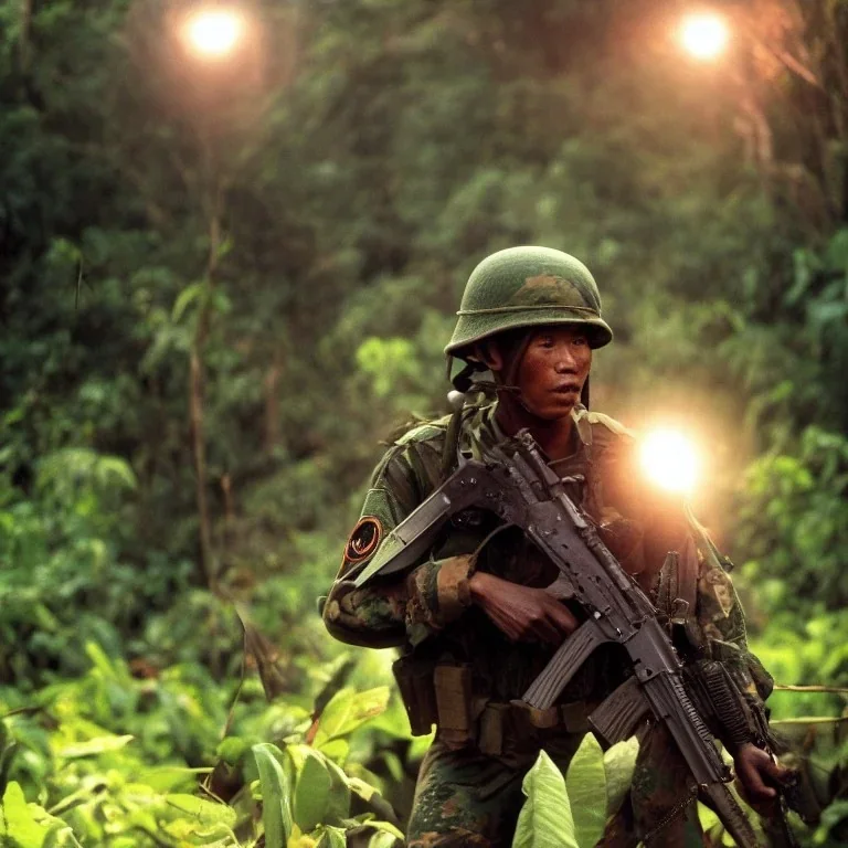 vietnam war. jungle. cd cover. bokeh. lens flare. warm lights. high detailed