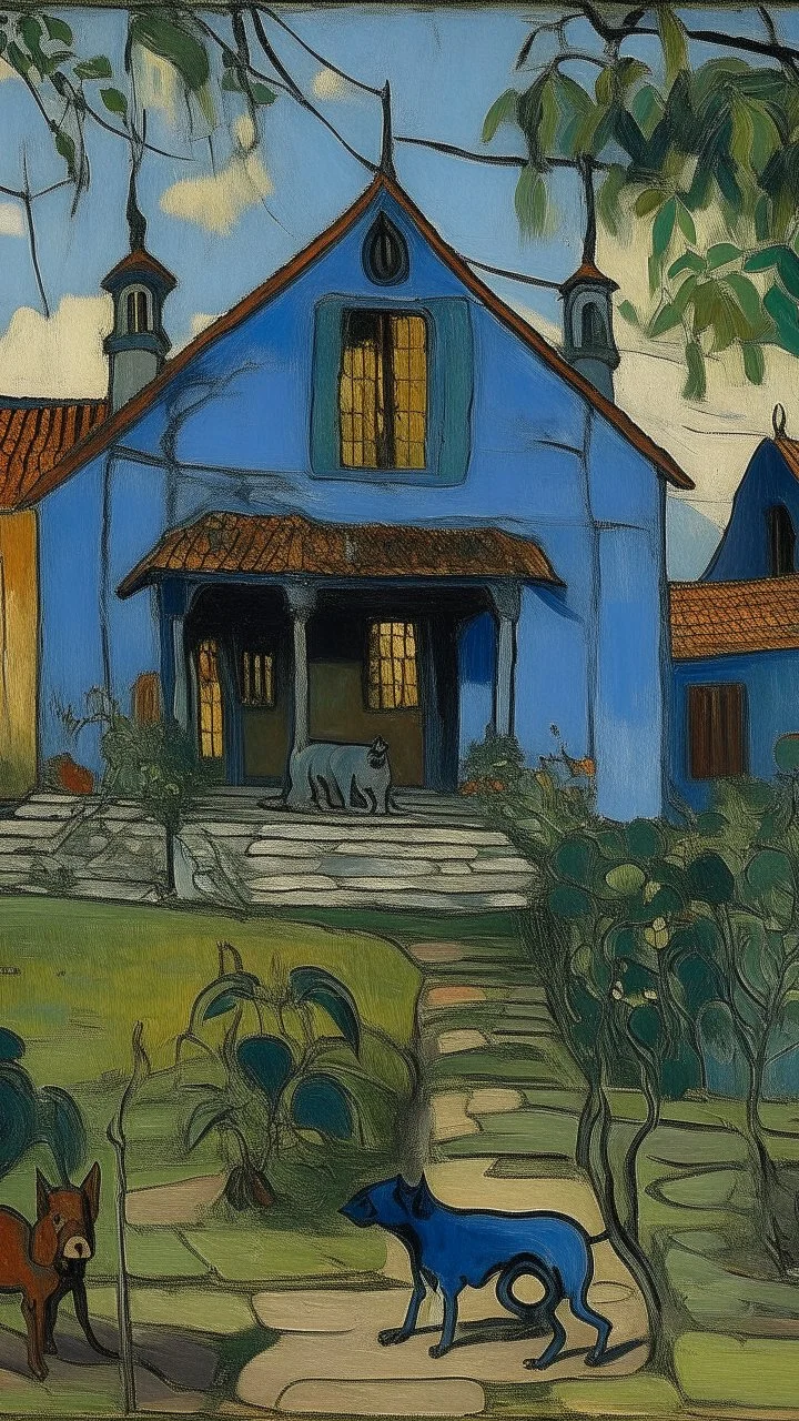 A blue house with speedy spiders painted by Paul Gauguin