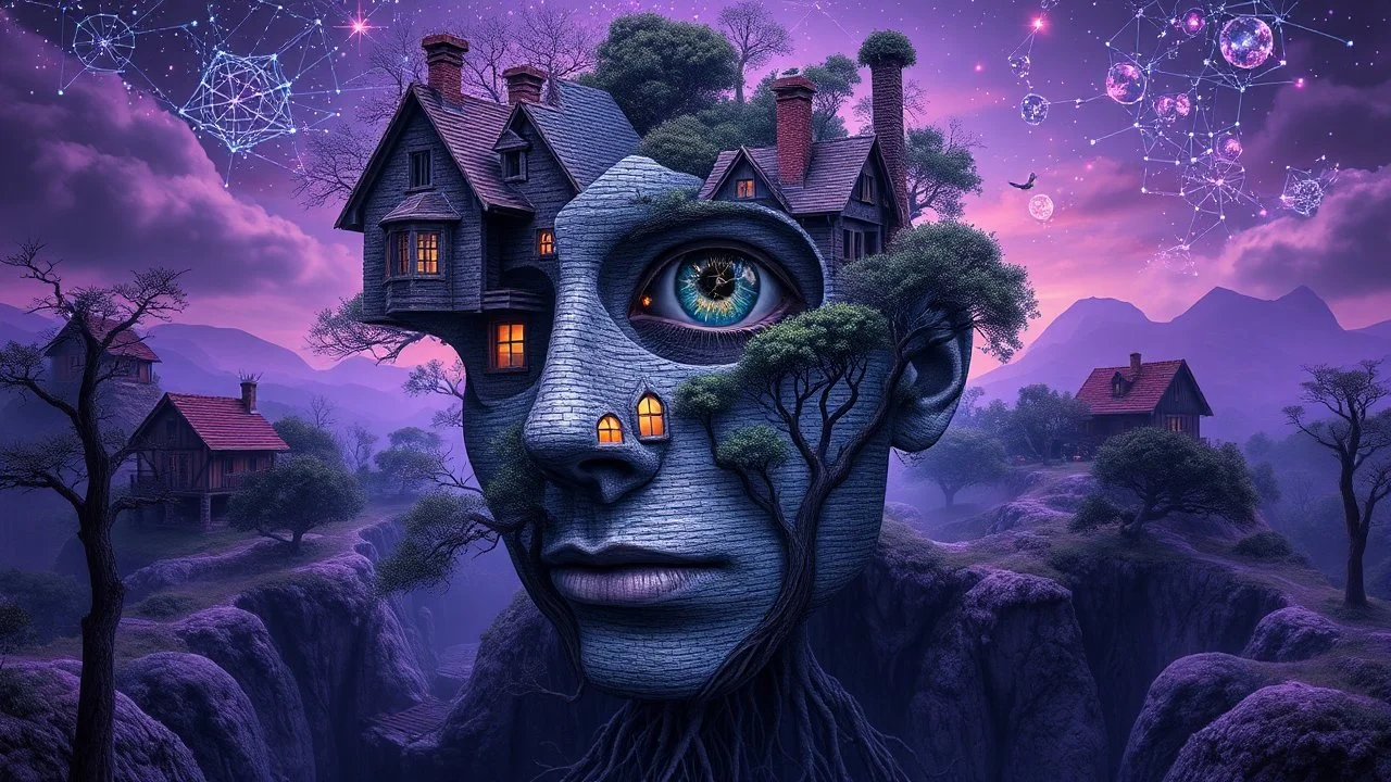 A hyper-detailed, surreal photographic composition blending impossible geometries with organic elements. At the center, a fragmented human face emerges from a village landscape, its features dissolving into: Architectural absurdity: Floating cottages with lace-like brickwork Celestial interference: Constellation patterns etched into skin pores Natural surrealism: Trees growing through eyeballs, roots forming mathematical fractals The scene glows with an eerie luminescence (deep indigo to violet