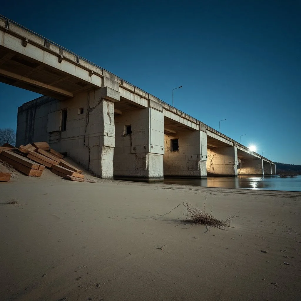 Fotografia di un grande ponte moderno brutalista, che sembra un tugurio, parzialmente sommerso. La struttura è erosa e inglobata dal paesaggio naturale, come se il tempo o l'ambiente avessero iniziato a "riassorbirla". Notte. L'atmosfera è desolata e surreale, con un ambiente circostante spoglio e sabbioso hasselblad h6d400c --ar 85:128 --v 6.0