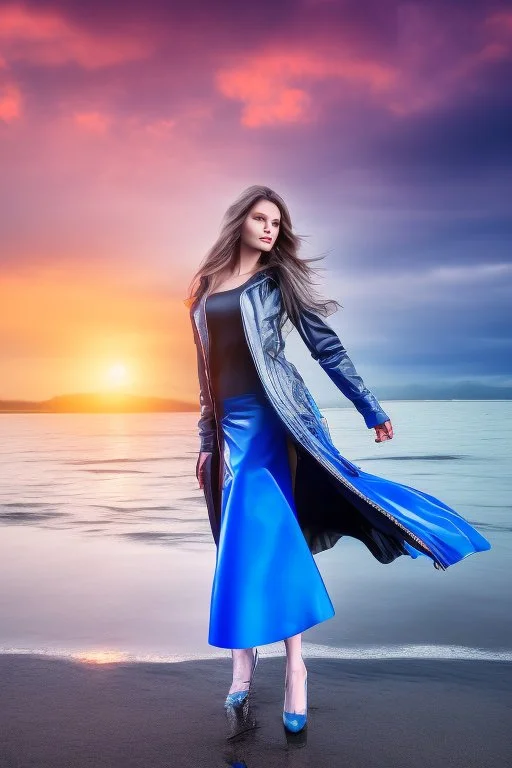 half body shot,realistic portrait of a 20-25 old caucasian model, long blue pink flowing hair, great grey eyes, blue leather jacket,full body, short white skirt,long legs,standing at beach of very nive lake with sunset ,clouds,godrayes