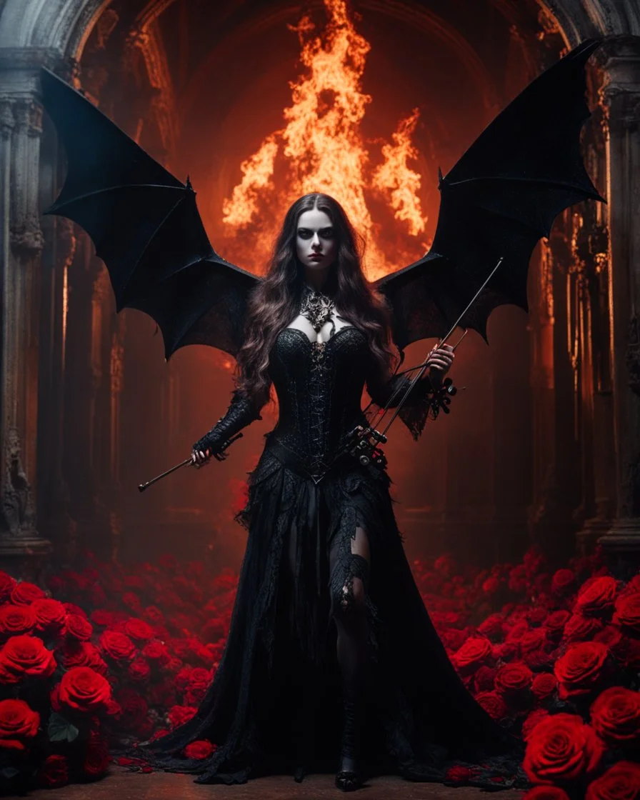 The Violinist bat vampire,Full a length image Body fire flames Horror cinematography realistic Full body,creepy Vampire ghost woman long hair straddle up bat wings as violinist she on playing violin heavy metal style,she standing on creepy,in night mystery burning palace vampire,red roses flowers and bats sorrounded background,dramatic angle, trypophobia