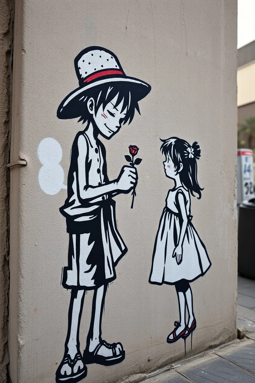 in the style of Banksy, a rough graffiti image of Straw Man Luffy giving a rose to a small little girl in a sun dress on a city wall, gritty, street graffiti