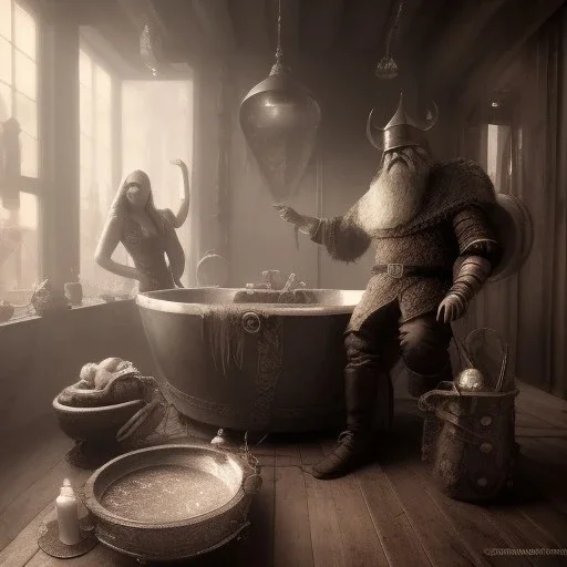 A viking and his wive having a bath, scary, steam punk, realistic, made in octane, cinematic, ultra-realistic, extremely detailed octane rendering, 8K, VRAY Super Real ar 2:3, dof photorealistic futuristic 50mm lens hard lighting dark gray tintype photograph, realistic lighting, sepia color