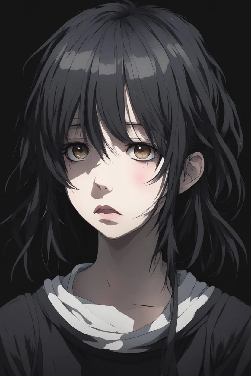 emotionless, numb, depressed anime girl portrait with dark black background