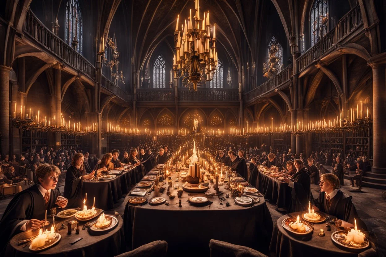 long wide angle from above perspective, Hogwarts Castle dining hall filled with young wizard students at dinner lit by hundreds of levitating magical candles, Harry Potter universe, dramatic, darkly beautiful, elegant, volumetric lighting, cinematic,